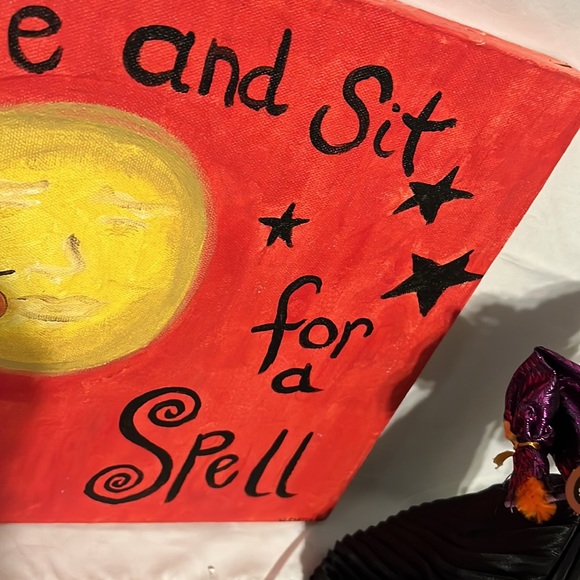 Halloween Witch Moon Folk Art Original Signed 2004 Painting Artist signed - Picture 12 of 13